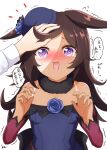  @_@ animal_ears black_hair breasts collarbone commentary_request flower hat horse_ears horse_girl kimukimu long_hair looking_at_viewer open_mouth pov pov_hands rice_shower_(umamusume) simple_background small_breasts sweat sweating_profusely tan tanlines tears umamusume violet_eyes white_background 