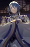  1boy armor ayabu_sou bangs black_gloves blue_hair blurry blurry_background closed_mouth commentary_request crossed_arms from_below genshin_impact gloves hair_between_eyes highres japanese_armor japanese_clothes kamisato_ayato long_sleeves looking_at_viewer male_focus mole mole_under_mouth solo violet_eyes wide_sleeves 