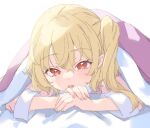  1girl blonde_hair blush flandre_scarlet hair_between_eyes looking_at_viewer lying no_headwear on_stomach one_side_up open_mouth pajamas paragasu_(parags112) pillow pink_blanket pink_pajamas red_eyes short_hair simple_background solo touhou under_covers white_background 