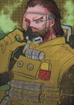  1boy absurdres apex_legends beard brown_hair caustic_(apex_legends) chromatic_aberration colored_smoke facial_hair gas_mask gloves goggles green_eyes hair_slicked_back hazmat_suit highres jaaku_ko looking_ahead male_focus mask open_hand smoke solo upper_body v-shaped_eyebrows yellow_gloves 
