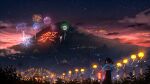  1girl black_hair clouds festival fireworks hakama hakama_skirt happi highres holding holding_lantern japanese_clothes lantern miko mountain night night_light night_sky original poniila1234 power_lines red_hakama scenery short_hair short_twintails skirt sky star_(sky) starry_sky sunset twintails 