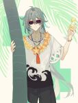  1boy absurdres ahoge black_pants cup drink facing_viewer grey_hair hands_up highres holding holding_cup honkai_(series) honkai_impact_3rd lei long_hair male_focus n0kio palm_tree pants parted_lips red-framed_eyewear shirt short_sleeves solo su_(honkai_impact) sunglasses tree very_long_hair white_shirt wide_sleeves 