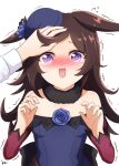  @_@ animal_ears black_hair breasts collarbone commentary_request flower hat horse_ears horse_girl kimukimu long_hair looking_at_viewer open_mouth pov pov_hands rice_shower_(umamusume) simple_background small_breasts sweat sweating_profusely tears umamusume violet_eyes white_background 