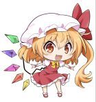  1girl alternate_eye_color alternate_hair_color arms_up bangs blush bow bowtie brown_eyes chibi collared_shirt crystal eyes_visible_through_hair fang flandre_scarlet full_body futa_(nabezoko) hair_between_eyes hands_up hat hat_bow jewelry looking_at_viewer mob_cap multicolored_wings open_mouth orange_hair ponytail puffy_short_sleeves puffy_sleeves red_bow red_footwear red_skirt red_vest shirt shoes short_hair short_sleeves side_ponytail simple_background skirt smile socks solo standing touhou vest white_background white_headwear white_shirt white_socks wings wrist_cuffs yellow_bow yellow_bowtie 
