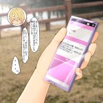  1girl bangs blonde_hair blurry blurry_background blush cellphone closed_mouth commentary_request hair_between_eyes hand_focus highres holding holding_phone kitsunerider original phone short_hair smartphone solo soneda_akane text_messaging translation_request yellow_eyes 