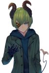  1boy absurdres bangs black_gloves black_horns black_tail blue_eyes blue_hoodie buttons closed_mouth coat commentary_request demon_horns demon_tail eyepatch eyes_visible_through_hair futayamam2 genderswap genderswap_(ftm) gloves green_coat green_hair hair_between_eyes half-closed_eyes hand_up highres honey_strap hood hoodie horns lapels looking_at_viewer male_focus multicolored_tail notched_lapels one_eye_covered open_clothes open_coat open_hand sekishiro_mico short_hair simple_background sleeves_past_elbows solo standing tail transparent_background upper_body virtual_youtuber yellow_tail 