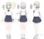 1girl back blue_bow blue_skirt blush bow closed_mouth earrings egg_hair_ornament food-themed_hair_ornament grey_background grey_eyes grey_hair hair_ornament highres inu_(puputizy) jewelry mole mole_under_eye multiple_views original reference_sheet sailor_uniform school_uniform scrunchie shoes short_hair simple_background skirt sneakers socks standing translation_request white_socks wrist_scrunchie