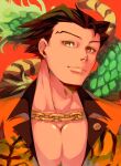  1boy ace_attorney alternate_costume black_hair chain collar_chain collared_shirt dragon furio_tigre highres looking_at_viewer lop5633 male_focus mature_male medal muscular muscular_male open_clothes open_shirt pectorals phoenix_wright phoenix_wright:_ace_attorney shirt smile solo spiky_hair tiger upper_body yellow_eyes 