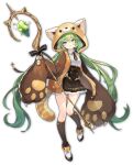  1girl animal_ears animal_hood corset dress fake_animal_ears full_body green_eyes green_hair highres hood long_hair mahjong_soul official_art shoes sleeves_past_fingers sleeves_past_wrists socks solo staff tachi-e twintails yostar yuzu_(mahjong_soul) 