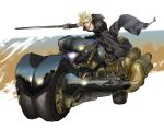  1boy armor black_gloves black_pants black_shirt blonde_hair cloud_strife final_fantasy final_fantasy_vii final_fantasy_vii_advent_children full_body fusion_swords gloves goggles ground_vehicle headlight holding holding_sword holding_weapon male_focus mikuroron on_motorcycle open_collar pants shirt short_hair shoulder_armor solo spiky_hair sword waist_cape weapon 