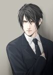  1boy black_hair black_jacket black_necktie collared_shirt final_fantasy final_fantasy_vii formal grey_background hair_between_eyes hand_in_jacket highres jacket long_sleeves looking_to_the_side male_focus necktie pale_skin reaching red_eyes sd_supa shirt short_hair solo suit suit_jacket upper_body vincent_valentine white_shirt 
