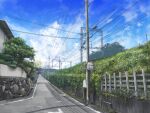  amanun blue_sky clouds commentary_request day fence grass highres no_humans original outdoors power_lines road scenery shadow sky street traffic_mirror tree utility_pole wooden_fence 