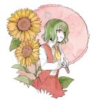  1girl :d ascot bangs collared_shirt commentary_request flower green_hair holding holding_umbrella kazami_yuuka long_sleeves medium_hair open_clothes open_mouth open_vest parasol red_eyes red_skirt red_vest shirt simple_background skirt smile solo sunflower tarako_supa touhou umbrella vest wavy_hair white_background white_shirt yellow_ascot 