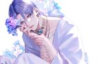  1boy bishounen earrings flower gem girly_boy head_tilt holding holding_flower hydrangea jewelry kurakichi36 looking_at_viewer male_focus original purple_hair short_hair solo white_background 