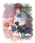  1girl bow bowtie brown_hair cat closed_mouth commentary_request food green_bow green_bowtie gurafuru highres holding holding_food kneehighs long_hair original plate pocket revision school_uniform shirt short_sleeves sitting skirt smile socks solo striped striped_bow striped_bowtie wariza watermelon_slice white_shirt white_socks 