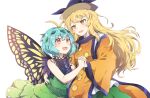  2girls :d antennae bangs blonde_hair blue_hair blush butterfly_wings commentary_request detached_sleeves duplicate eternity_larva green_skirt highres interlocked_fingers kaoling leaf leaf_on_head long_hair long_sleeves looking_at_viewer matara_okina multiple_girls open_mouth orange_eyes orange_tabard shiny shiny_hair simple_background skirt smile sun_print touhou white_background wide_sleeves wings 