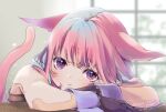  1girl animal_ears avatar_(ff14) cat_ears cat_girl cat_tail chii_(pixiv20756878) final_fantasy final_fantasy_xiv gloves head_rest highres miqo&#039;te pink_hair tail violet_eyes wrist_cuffs 