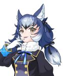  1girl animal_costume animal_ear_fluff animal_ears blazer blue_hair dire_wolf_(kemono_friends) gloves grey_eyes highres jacket kemono_friends kemono_friends_v_project lipstick long_hair looking_at_viewer makeup open_mouth ribbon scarf simple_background smile solo twintails unihulu virtual_youtuber white_background wolf_costume wolf_ears wolf_girl 