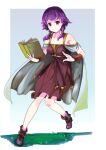  1girl bare_shoulders book collarbone commission dress eruichi_(redphantom) fire_emblem fire_emblem:_the_sacred_stones gradient gradient_background highres holding holding_book low_twintails lute_(fire_emblem) medium_hair open_book purple_dress purple_hair shoes simple_background skeb_commission sleeveless sleeveless_dress smile solo twintails v-shaped_eyebrows violet_eyes 