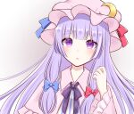  1girl absurdres bangs blue_bow blue_ribbon blunt_bangs bow capelet commentary crescent crescent_hat_ornament grey_background hair_bow hat hat_ornament hat_ribbon highres light_blush light_frown long_hair looking_at_viewer mob_cap patchouli_knowledge piyoru_nico purple_hair purple_ribbon red_bow red_ribbon ribbon simple_background solo touhou upper_body violet_eyes wide_sleeves 