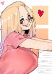  1girl artist_name blonde_hair blue_eyes breasts brown-framed_eyewear forehead from_side glasses grin heart highres inne_sulistya_robin large_breasts leaning_forward light_blush long_hair looking_at_viewer norman_maggot original paper paper_stack pink_shirt shirt short_sleeves smile solo upper_body 