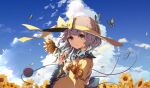  1girl bangs blue_sky brown_headwear bug butterfly closed_mouth clouds field flower flower_field green_eyes grey_hair hat heart heart_of_string highres holding holding_flower komeiji_koishi long_sleeves looking_at_viewer medium_hair noumin_joemanyodw outdoors sky straw_hat sunflower third_eye touhou upper_body 