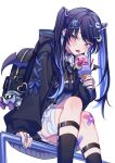  1girl :p backpack bag bandaid bandaid_on_knee bandaid_on_leg bangs black_hair black_hoodie black_socks blue_bow blue_hair blue_nails blue_ribbon bow breasts buckle colored_inner_hair cross cross_necklace crossed_legs demon_wings dot_nose double_scoop ear_piercing food frilled_shirt_collar frills hair_ornament heart highres holding holding_food hood hood_down hoodie ice_cream ice_cream_cone jewelry jirai_kei keychain kirby light_blush long_hair looking_to_the_side meta_knight moon_(ornament) multicolored_hair nail_polish necklace original parted_lips piercing purple_theme railing ribbon ribbon-trimmed_sleeves ribbon_trim safety_pin simple_background sitting small_breasts socks solo star_(symbol) star_in_eye strap suzaku_(zaku6584) symbol_in_eye tongue tongue_out twintails two-tone_hair violet_eyes white_background wings zipper zipper_pull_tab 