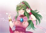  1girl absurdres blush breasts dragonstone dress fire_emblem fire_emblem:_mystery_of_the_emblem fire_emblem_awakening fire_emblem_heroes green_eyes green_hair hand_up highres jewelry large_breasts light_particles light_rays long_hair necklace official_alternate_costume pink_dress pointy_ears ponytail short_dress simple_background solo stone tara_(szzj7733) tiara tiki_(fire_emblem) upper_body 