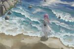  1girl absurdres barefoot beach commentary_request dress highres holding holding_vase long_hair original pink_hair scenery sleeveless sleeveless_dress solo standing trancemana vase water waves white_dress wide_shot 