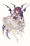  1girl alternate_costume black_wings closed_mouth demon_wings dress full_body grey_dress hair_between_eyes head_wings high_heels highres koakuma long_hair nikorashi-ka puffy_short_sleeves puffy_sleeves red_eyes redhead short_sleeves solo touhou white_footwear wings wrist_cuffs 