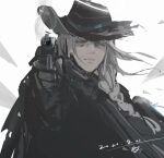  arknights black_gloves braid cloak closed_mouth dated gender_request gloves grey_eyes grey_hair gun hat highres holding holding_gun holding_weapon long_hair pointing_weapon qiumoyixing signature sketch smoke solo steam torn torn_cloak torn_clothes torn_hat weapon 