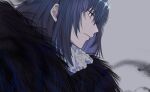  1boy alternate_hair_color bangs black_hair blue_eyes cloak closed_mouth collared_shirt crown diamond_hairband expressionless fate/grand_order fate_(series) from_side fur-trimmed_cloak fur_collar fur_trim grey_background looking_away male_focus medium_hair no_wings oberon_(fate) oberon_(third_ascension)_(fate) official_alternate_costume oyasumi_dm shirt simple_background solo upper_body white_shirt 