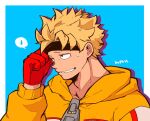  1boy blonde_hair blue_background boku_no_hero_academia border brown_eyes commentary eye_mask fat_gum_(boku_no_hero_academia) gloves highres hood hood_down hooded_jacket jacket long_sleeves male_focus monu outside_border red_gloves short_hair signature simple_background smile solo spoken_sweatdrop sweatdrop symbol-only_commentary upper_body white_border yellow_jacket zipper_pull_tab 