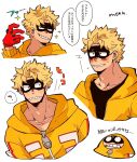  1boy black_mask black_shirt blonde_hair blush boku_no_hero_academia collarbone commentary eye_mask fat_gum_(boku_no_hero_academia) gloves hand_up highres hood hood_down hood_up hooded_jacket jacket long_sleeves looking_at_viewer male_focus mask monu open_clothes open_jacket red_gloves shirt short_hair signature simple_background smile sparkle speech_bubble teeth upper_body white_background yellow_jacket zipper_pull_tab 