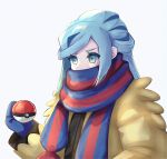 1boy absurdres blue_eyes blue_hair blue_mittens commentary_request eyelashes grey_background grusha_(pokemon) hand_up highres holding holding_poke_ball jacket long_hair long_sleeves male_focus miltiyo poke_ball poke_ball_(basic) pokemon pokemon_(game) pokemon_sv scarf scarf_over_mouth solo two-tone_scarf upper_body yellow_jacket 