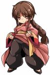  1girl braid brown_eyes brown_hair chibi chinese_clothes closed_mouth fighting_stance full_body karukan_(monjya) lei_kuugo live_a_live long_hair looking_at_viewer medium_hair scar scar_on_face simple_background single_braid solo white_background 
