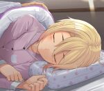  1boy 1girl bangs blonde_hair blush closed_mouth commentary_request hair_between_eyes highres kitsunerider on_bed original pajamas pillow pink_pajamas pink_shirt pov pov_across_bed shirt short_hair sleeping smile solo_focus soneda_akane upper_body 