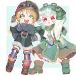  2girls :d :o absurdres arm_up blonde_hair boots border braid breasts brown_footwear brown_gloves brown_headwear capelet clenched_hand clenched_hands coat commentary_request daeodon female_child flipped_hair full_body fur-trimmed_coat fur-trimmed_sleeves fur_trim glasses gloves green_background green_eyes green_footwear green_gloves green_hair green_headwear green_necktie green_skirt grey_capelet grey_coat grey_thighhighs hat headlamp helmet highres legs_apart locked_arms long_hair long_sleeves looking_at_viewer made_in_abyss medium_hair multicolored_hair multiple_girls necktie open_mouth outside_border pointing pointing_up pouch prushka red_eyes riko_(made_in_abyss) shirt simple_background skirt small_breasts smile standing streaked_hair teeth thigh-highs tsurime twin_braids twintails upper_teeth white_border white_shirt winter_clothes winter_coat 
