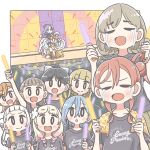  6+girls :o arashi_chisato band_shirt black_hair black_shirt blonde_hair blue_hair bow braid brown_hair colored_tips crying double_bun east_sha2 flower hair_behind_ear hair_between_eyes hair_bow hair_bun hair_flower hair_ornament hazuki_ren heanna_sumire hiiragi_mao_(love_live!) hijirisawa_yuuna holding light_stick love_live! love_live!_superstar!! merchandise multicolored_hair multiple_girls official_art onitsuka_natsumi open_mouth orange_hair pink_flower pink_hair purple_hair redhead sakurakouji_kinako shibuya_kanon shirt short_hair single_side_bun smile stage streaked_hair sunny_passion surprised tang_keke twin_braids twintails wakana_shiki white_bow white_hair yoneme_mei 