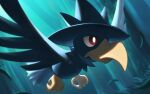  animal_focus bird blurry bright_pupils closed_mouth commentary_request murkrow naoki_eguchi no_humans pokemon pokemon_(creature) red_eyes solo talons white_pupils 