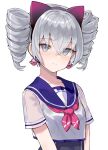  1girl absurdres bangs blush breasts bronya_zaychik drill_hair grey_eyes grey_hair highres honkai_(series) honkai_impact_3rd looking_at_viewer scarlet23i0 simple_background small_breasts smile solo twin_drills twintails white_background 