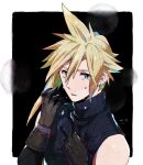  1boy aqua_eyes bare_shoulders black_background blonde_hair blue_shirt border brown_gloves clenched_hand cloud_strife crying dated earrings final_fantasy final_fantasy_vii gloves hair_between_eyes hand_to_own_face jewelry krudears looking_at_viewer male_focus shirt short_hair single_earring sleeveless sleeveless_shirt solo spiky_hair teardrop tears upper_body 