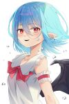  1girl absurdres adapted_costume bangs bare_shoulders bat_wings blue_hair bow bowtie breasts bubble collarbone dress ear_piercing earrings fangs hair_between_eyes highres jewelry katsukare light_blush looking_at_viewer medium_hair no_headwear piercing pointy_ears red_bow red_bowtie red_eyes remilia_scarlet simple_background small_breasts solo teeth touhou upper_body upper_teeth water_drop white_background white_dress wings 