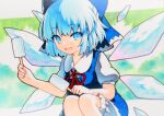  1girl bloomers blue_bow blue_dress blue_eyes blue_hair blush bow cirno detached_wings dress fairy food hair_between_eyes hair_bow highres holding holding_food ice ice_wings open_mouth popsicle puffy_short_sleeves puffy_sleeves qqqrinkappp shirt short_hair short_sleeves smile solo touhou traditional_media underwear white_bloomers white_shirt wings 