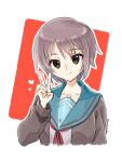  1girl artist_name blue_sailor_collar brown_cardigan brown_eyes brown_shirt cardigan hand_up head_tilt heart highres kita_high_school_uniform long_sleeves looking_at_viewer nagato_yuki nanabuluku neck_ribbon open_cardigan open_clothes purple_hair red_ribbon ribbon sailor_collar school_uniform serafuku shirt short_hair signature smile solo suzumiya_haruhi_no_yuuutsu upper_body v watermark 