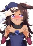  @_@ animal_ears black_hair breasts collarbone commentary_request flower hat horse_ears horse_girl kimukimu long_hair looking_at_viewer open_mouth pov pov_hands rice_shower_(umamusume) simple_background small_breasts sweat sweating_profusely tan tears umamusume violet_eyes white_background 