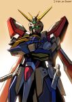  crossed_arms english_text g_gundam god_gundam green_eyes gundam highres looking_at_viewer lyrics mecha no_humans robot solo suzutsuki_kurara ushida_yoshifumi v-fin 