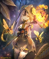  1girl armor bangs breasts brown_eyes brown_gloves brown_hair dress dutch_angle gloves green_eyes heterochromia highres holding holding_staff hood hood_up kouyafu long_hair looking_at_viewer medium_breasts multicolored_hair shadowverse short_hair shoulder_armor solo staff streaked_hair thigh-highs wasp 