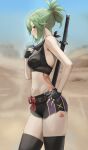 1girl blurry blurry_background blush city desert from_side genshin_impact green_hair hand_on_hip katana kuki_shinobu looking_afar mask mask_removed navel sand short_hair short_shorts solo solo_focus stockings stomach sweat sweating_profusely sword tattoo tied_hair violet_eyes 