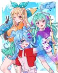  3girls :3 alternate_costume aqua_eyes black_gloves blonde_hair bodystocking breasts butterfly_hair_ornament earrings elbow_gloves elira_pendora fairy finana_ryugu fish_girl flower from_behind giant_pencil gloves green_hair hair_between_eyes hair_flower hair_ornament hair_over_one_eye head_fins head_wings highres jewelry lazulight long_hair looking_at_viewer looking_back medium_breasts miniskirt mugimugigo multiple_girls nail_polish nijisanji nijisanji_en one_eye_closed one_eye_covered open_mouth orange_shirt overalls paint pikl_(elira_pendora) pleated_skirt pointy_ears pomu_rainpuff purple_shirt red_eyes red_shirt roller_brush shirt shirt_tucked_in simple_background skirt smile socks spray_paint violet_eyes virtual_youtuber wristband x_hair_ornament 